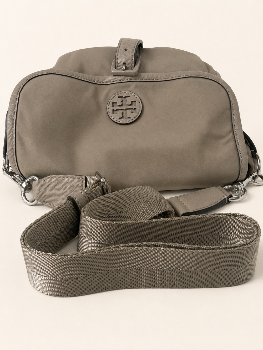 Tory Burch Scout Perry Nylon Crossbody Bag Taupe Adjustable Strap - Picture 6 of 11